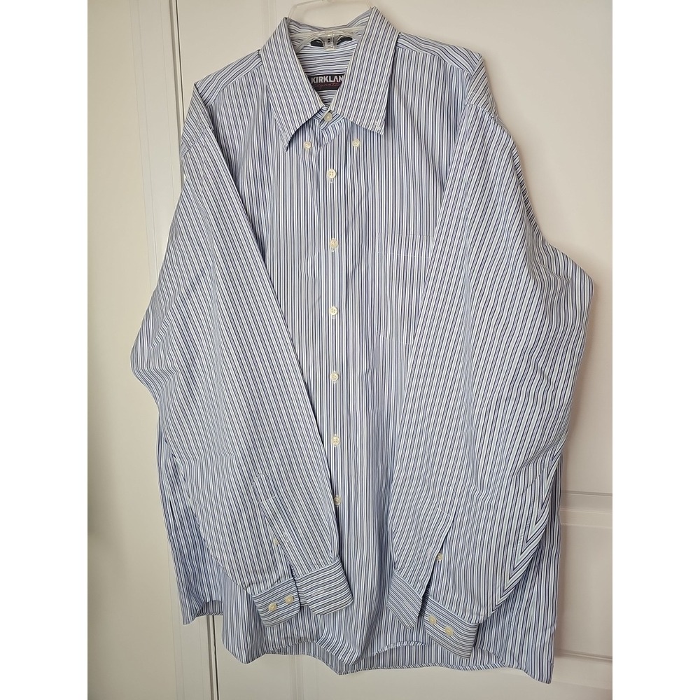 Kirkland Signature Shirt Men's 17-35 ‎ White Blue Striped Non-Iron Button Down